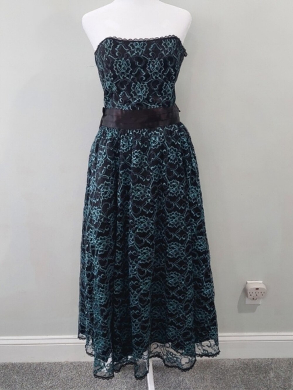 Gunne Sax By Jessica McClintock Formal Dress Vintage Size 13 Blue Black Lace Bow